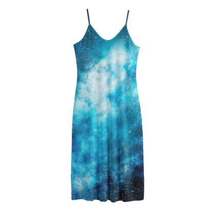 Blue Sky Universe Galaxy Space Print Jersey Midi Cami Dress