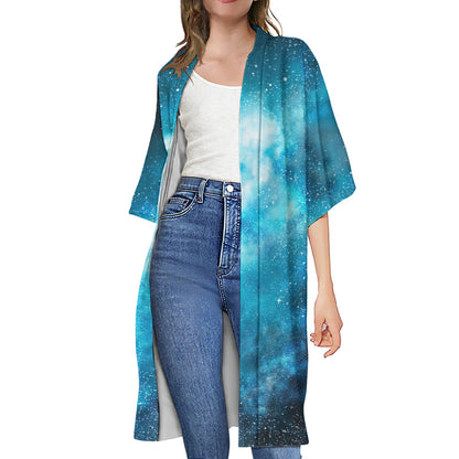 Blue Sky Universe Galaxy Space Print Open Front Beach Cover Up