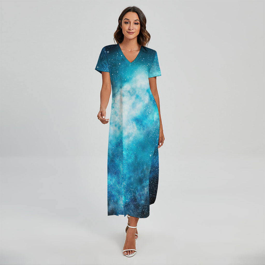 Blue Sky Universe Galaxy Space Print Short Sleeve Maxi Dress