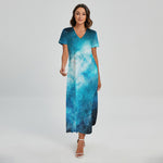 Blue Sky Universe Galaxy Space Print Short Sleeve Maxi Dress