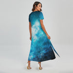 Blue Sky Universe Galaxy Space Print Short Sleeve Maxi Dress