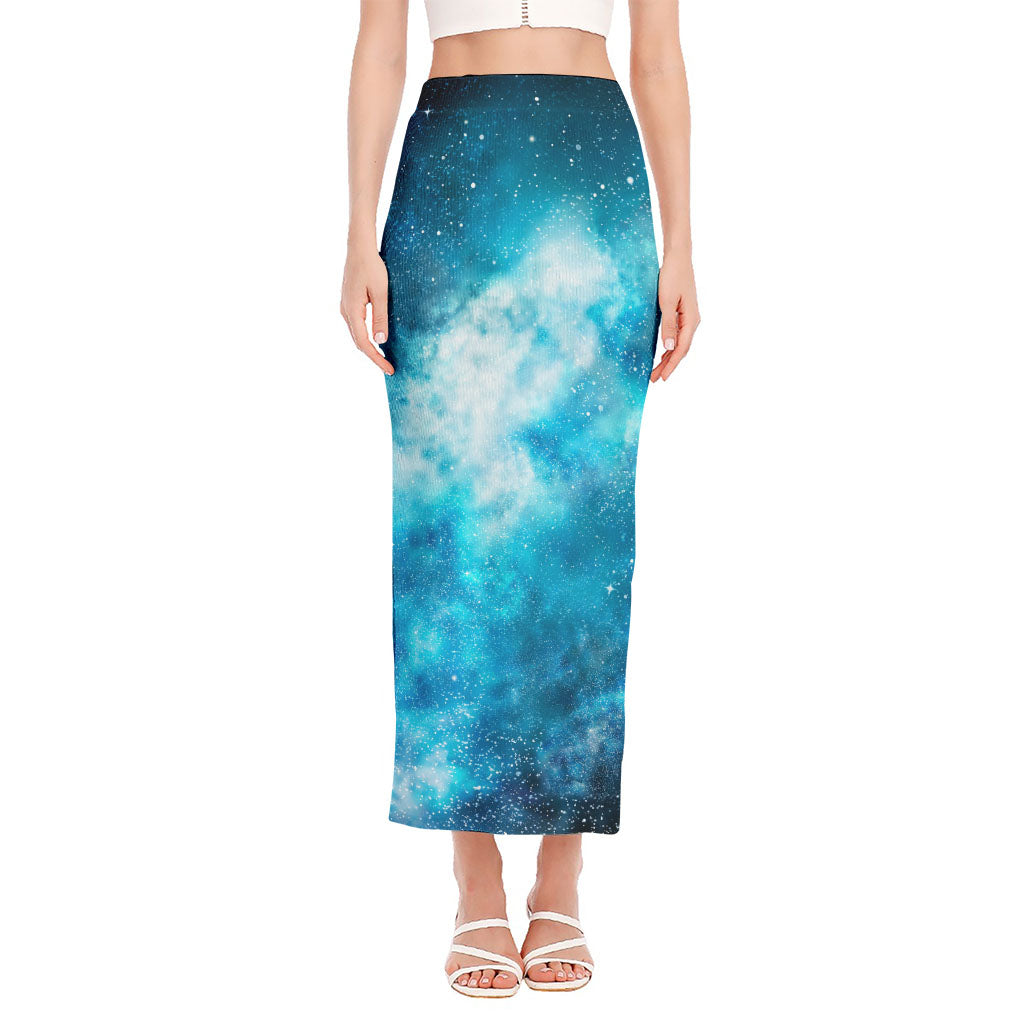 Blue Sky Universe Galaxy Space Print Side Slit Maxi Skirt
