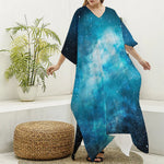 Blue Sky Universe Galaxy Space Print Silk V-Neck Kaftan Dress
