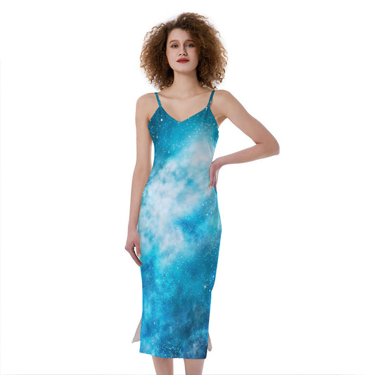 Blue Sky Universe Galaxy Space Print Slim Fit Midi Cami Dress