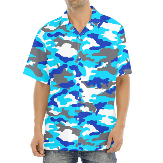 Blue Snow Camouflage Print Aloha Shirt
