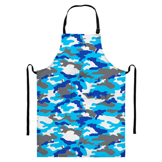 Blue Snow Camouflage Print Bib Apron With Pocket