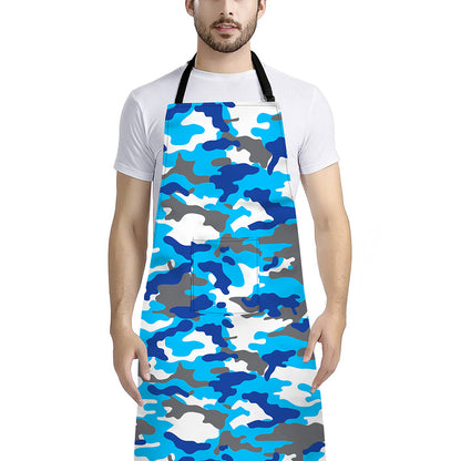 Blue Snow Camouflage Print Bib Apron With Pocket