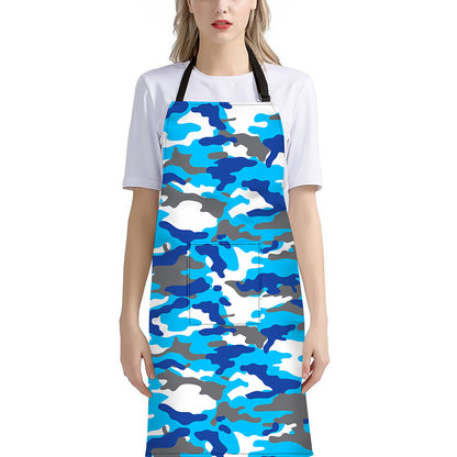 Blue Snow Camouflage Print Bib Apron With Pocket
