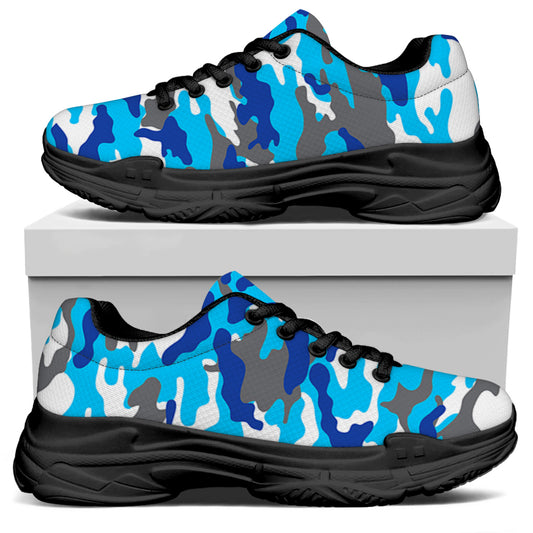 Blue Snow Camouflage Print Black Chunky Shoes
