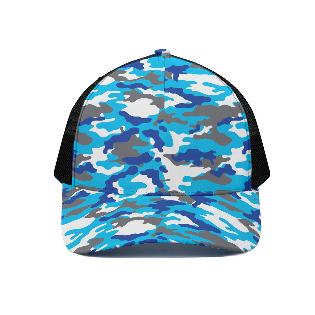 Blue Snow Camouflage Print Black Mesh Trucker Cap