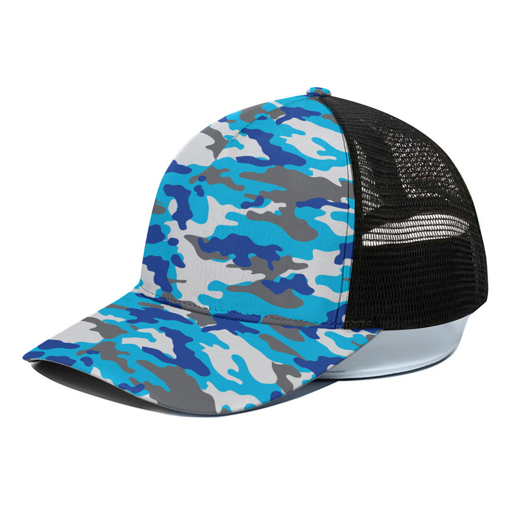 Blue Snow Camouflage Print Black Mesh Trucker Cap