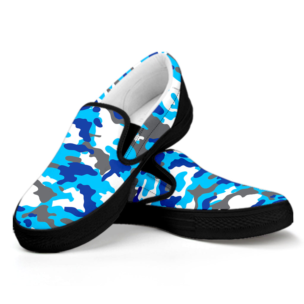 Blue Snow Camouflage Print Black Slip On Sneakers