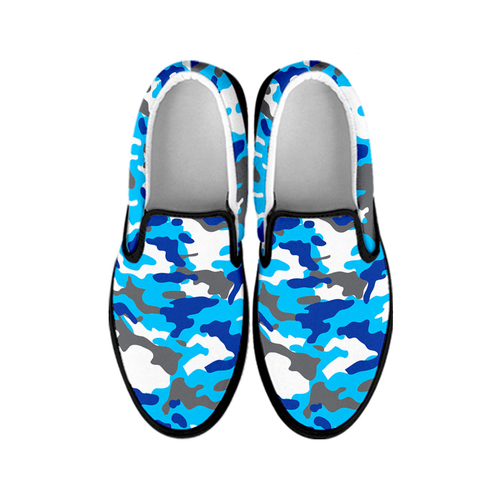 Blue Snow Camouflage Print Black Slip On Sneakers