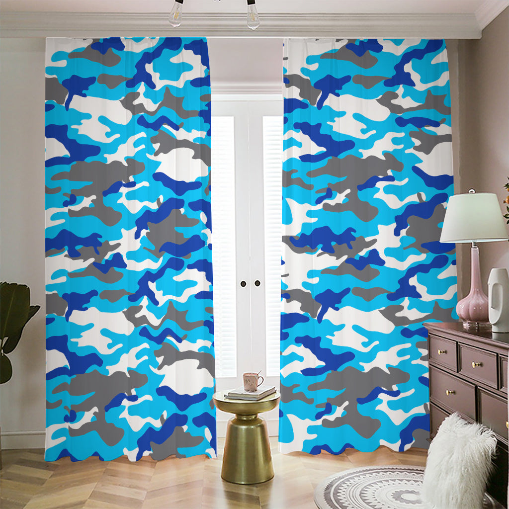 Blue Snow Camouflage Print Blackout Pencil Pleat Curtains