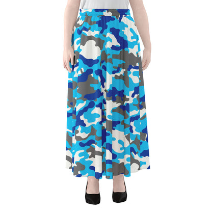 Blue Snow Camouflage Print Chiffon Maxi Skirt