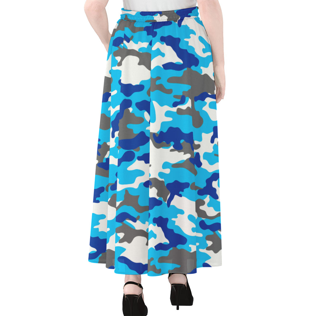 Blue Snow Camouflage Print Chiffon Maxi Skirt