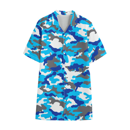 Blue Snow Camouflage Print Cotton Hawaiian Shirt