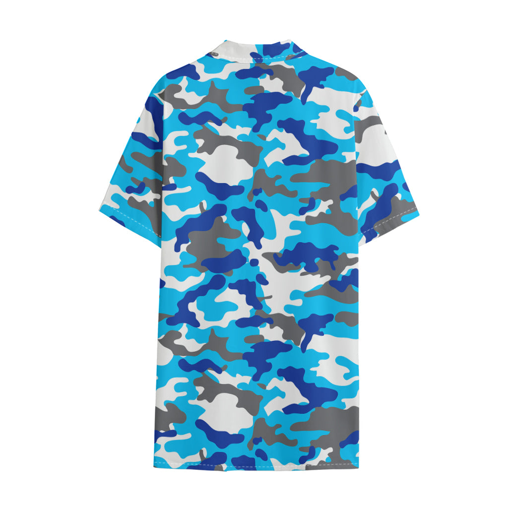Blue Snow Camouflage Print Cotton Hawaiian Shirt