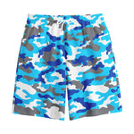 Blue Snow Camouflage Print Cotton Shorts