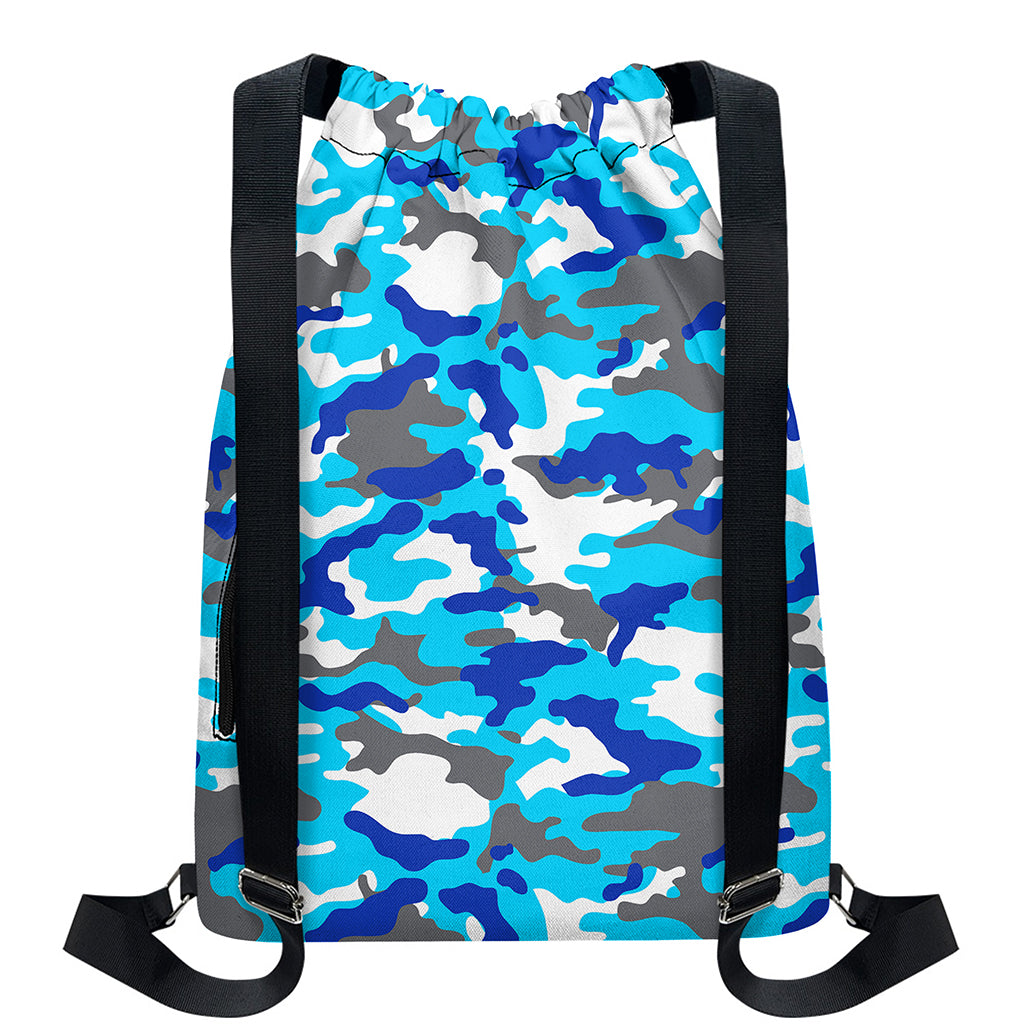 Blue Snow Camouflage Print Drawstring Backpack