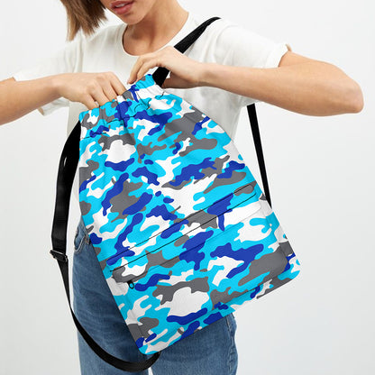 Blue Snow Camouflage Print Drawstring Backpack
