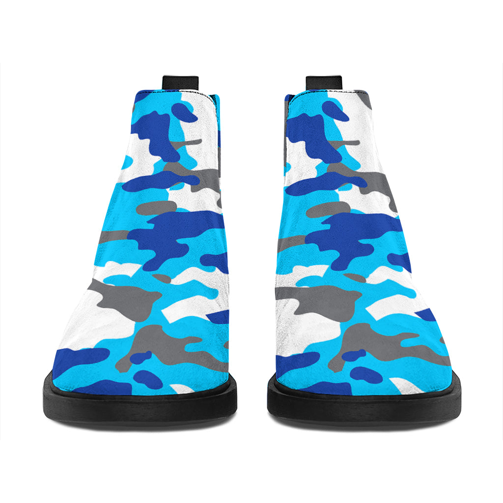 Blue Snow Camouflage Print Flat Ankle Boots