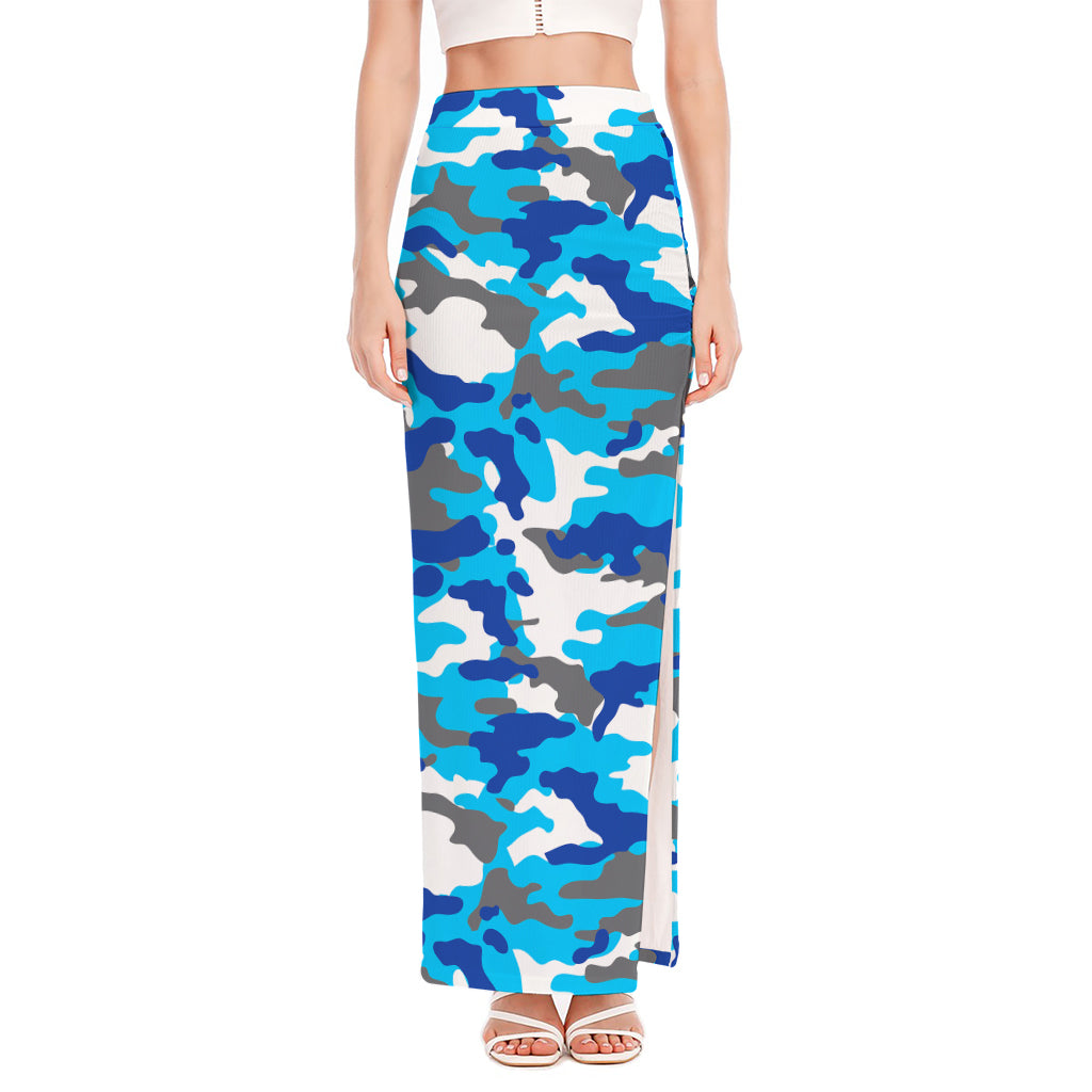Blue Snow Camouflage Print High Slit Maxi Skirt