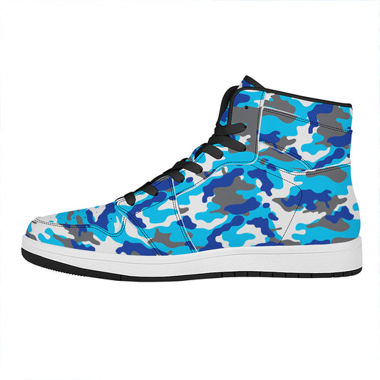 Blue Snow Camouflage Print High Top Leather Sneakers