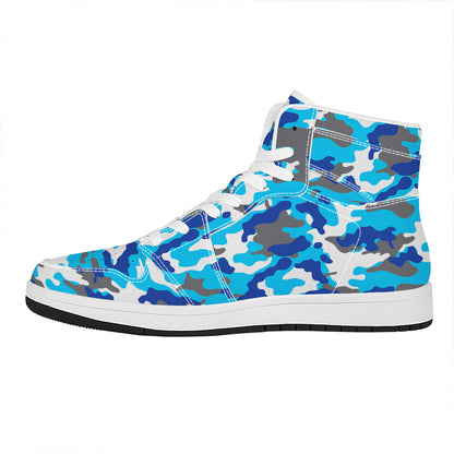 Blue Snow Camouflage Print High Top Leather Sneakers