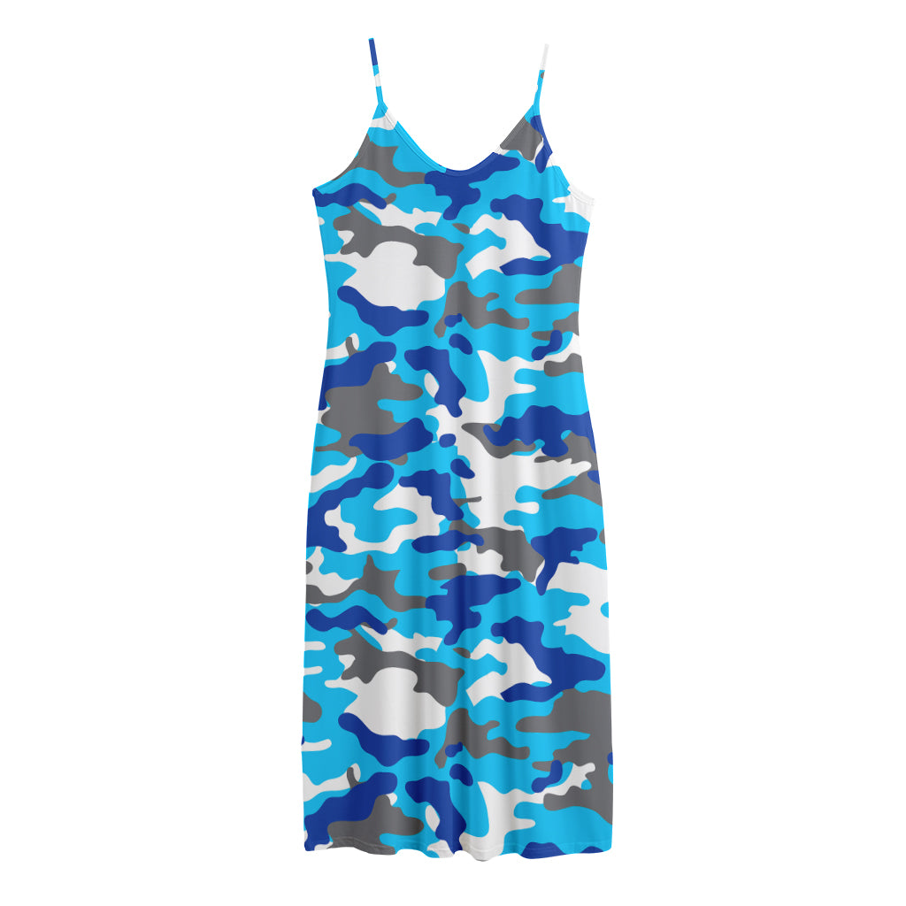 Blue Snow Camouflage Print Jersey Midi Cami Dress