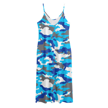Blue Snow Camouflage Print Jersey Midi Cami Dress