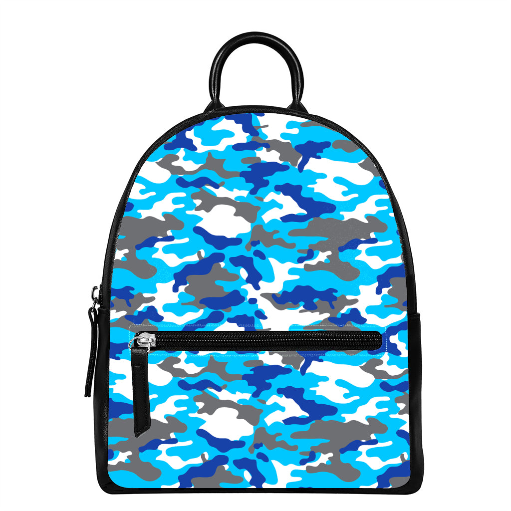 Blue Snow Camouflage Print Leather Backpack