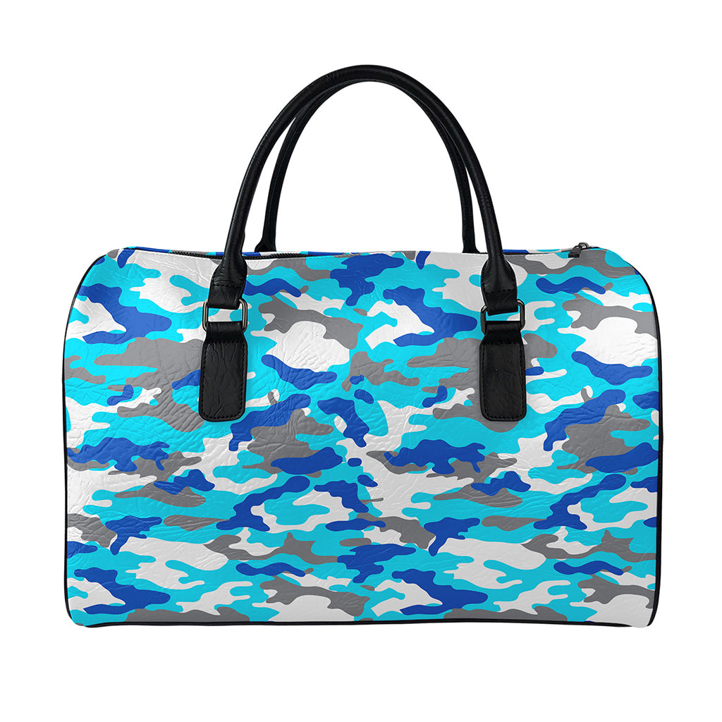 Blue Snow Camouflage Print Leather Duffle Bag