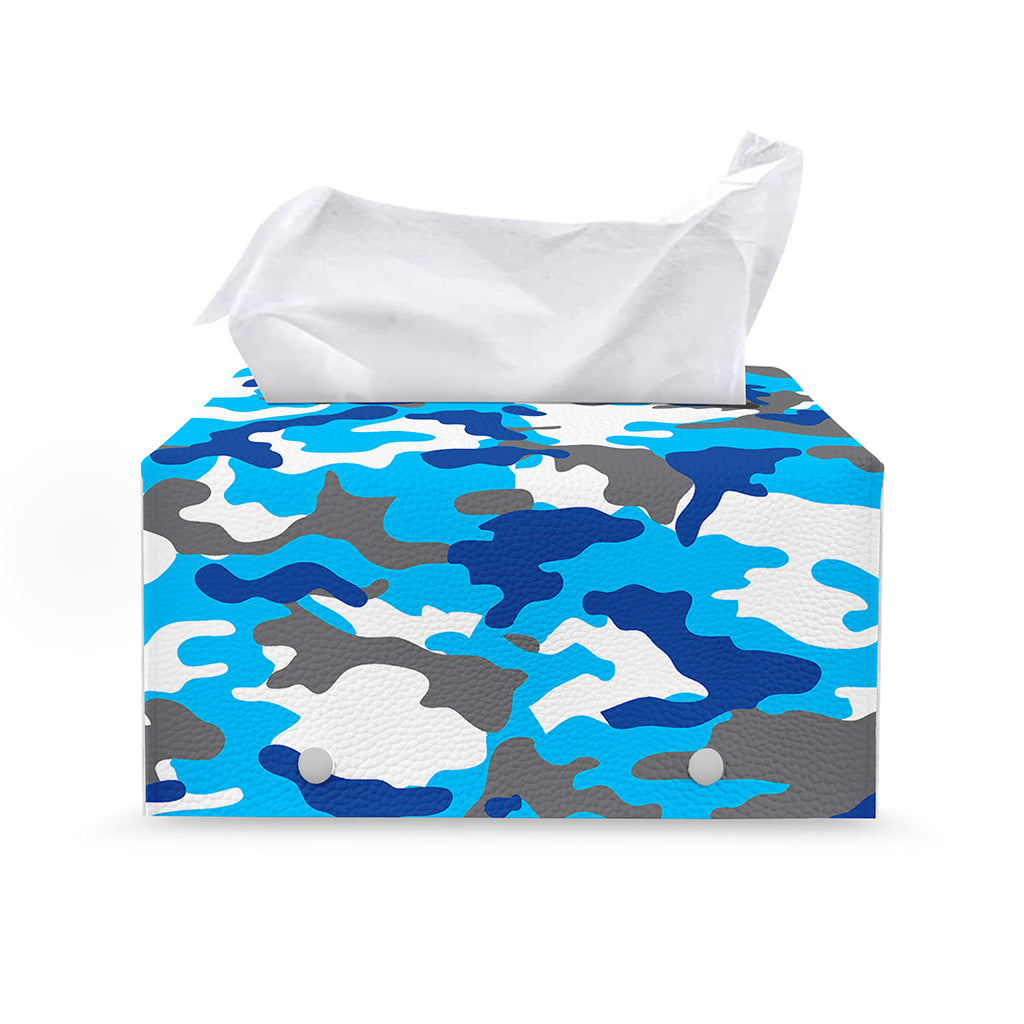 Blue Snow Camouflage Print Leather Tissue Box Cover