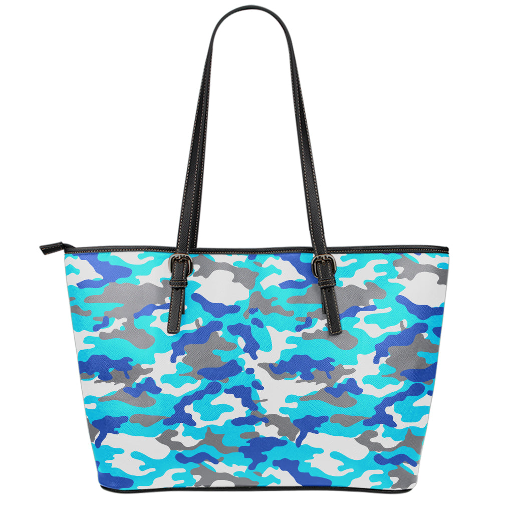Blue Snow Camouflage Print Leather Tote Bag