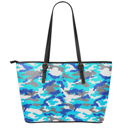 Blue Snow Camouflage Print Leather Tote Bag