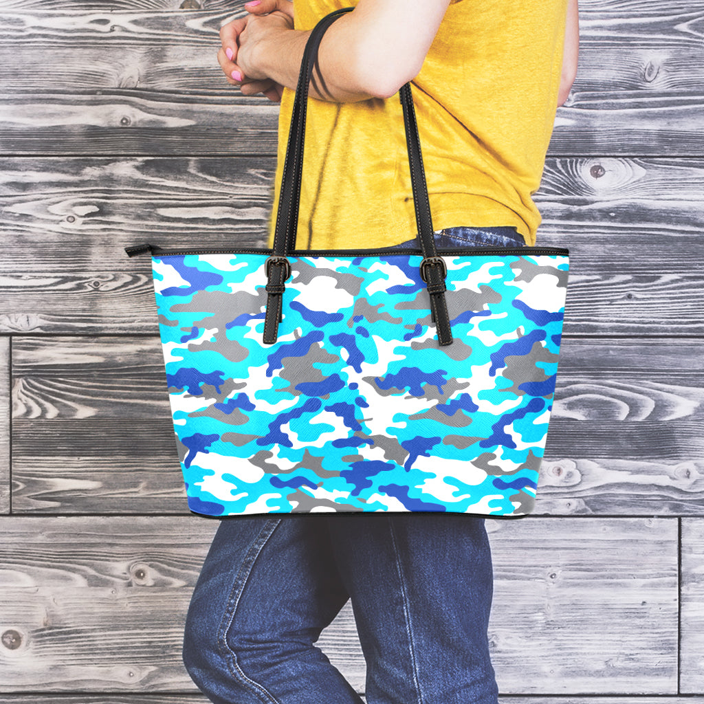 Blue Snow Camouflage Print Leather Tote Bag