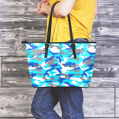 Blue Snow Camouflage Print Leather Tote Bag