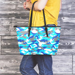 Blue Snow Camouflage Print Leather Tote Bag