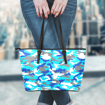 Blue Snow Camouflage Print Leather Tote Bag