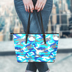 Blue Snow Camouflage Print Leather Tote Bag