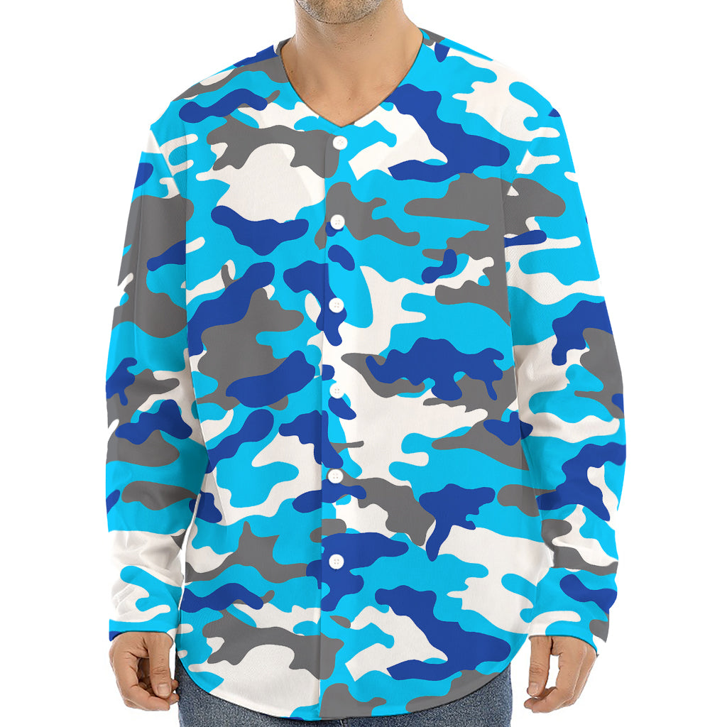 Blue Snow Camouflage Print Long Sleeve Baseball Jersey