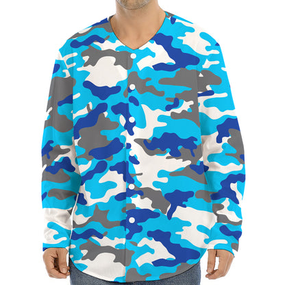 Blue Snow Camouflage Print Long Sleeve Baseball Jersey