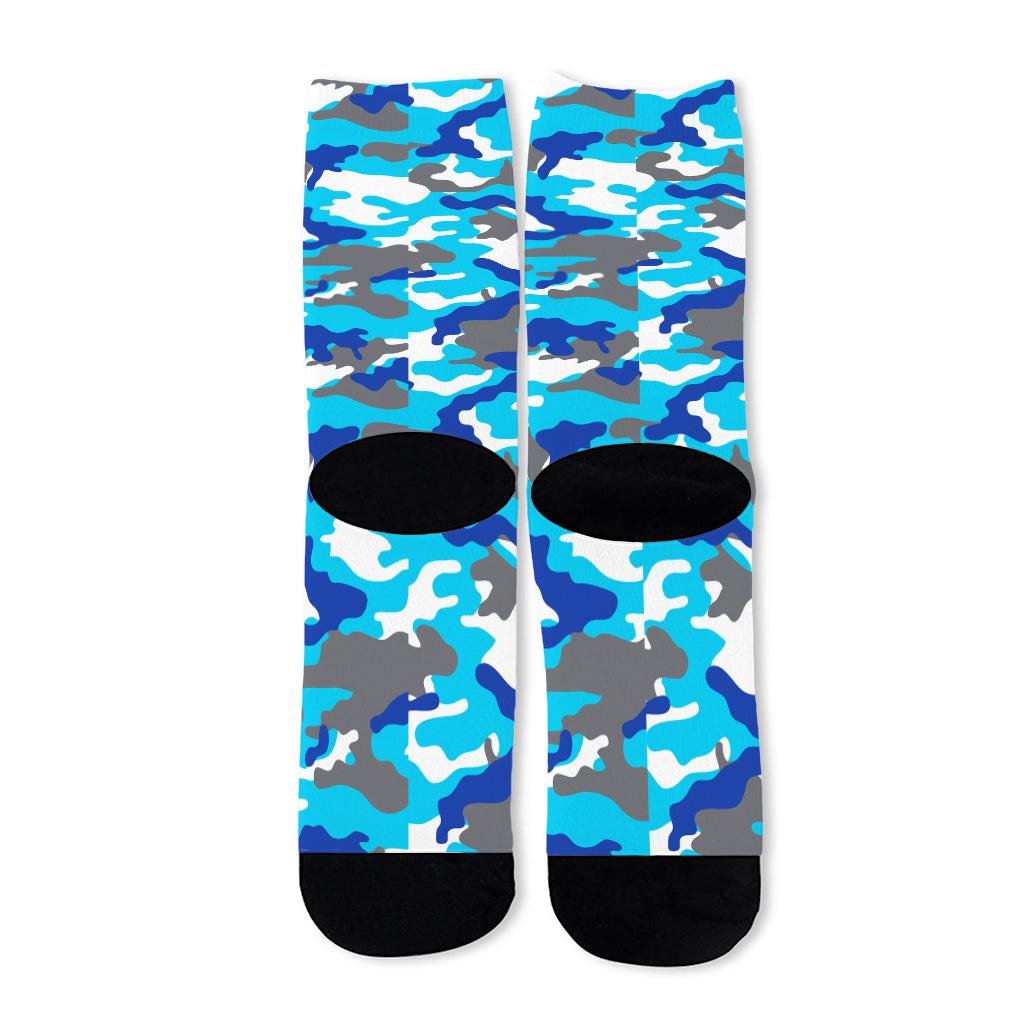 Blue Snow Camouflage Print Long Socks