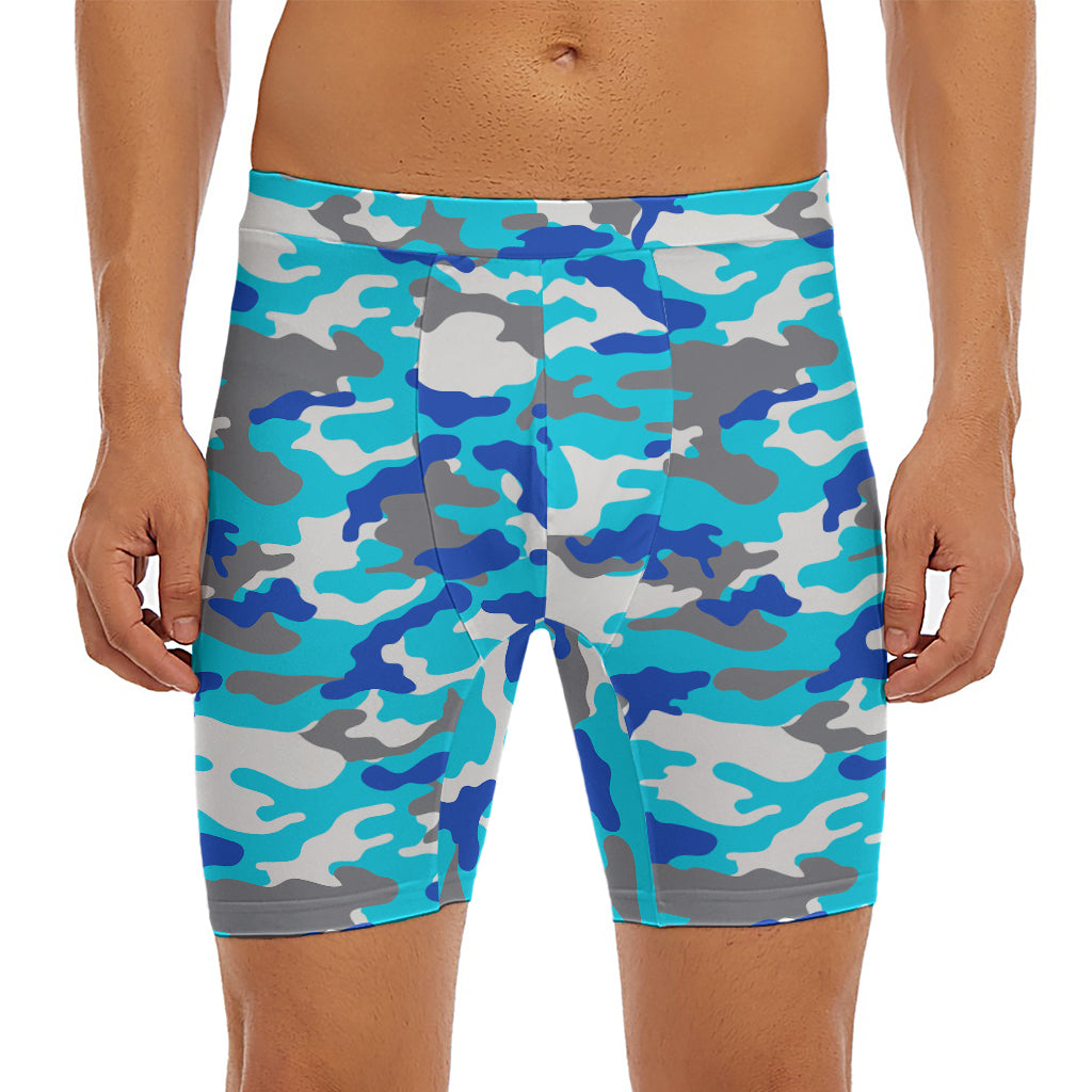 Blue Snow Camouflage Print Men's Long Boxer Briefs