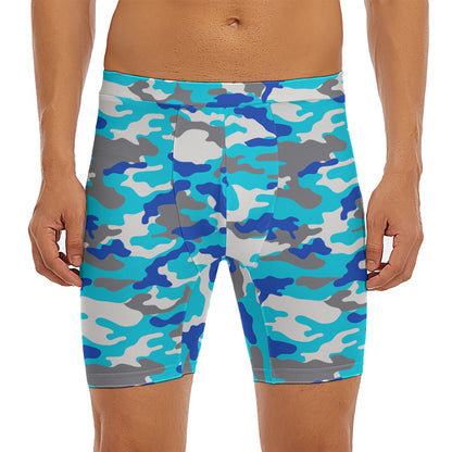 Blue Snow Camouflage Print Men's Long Boxer Briefs