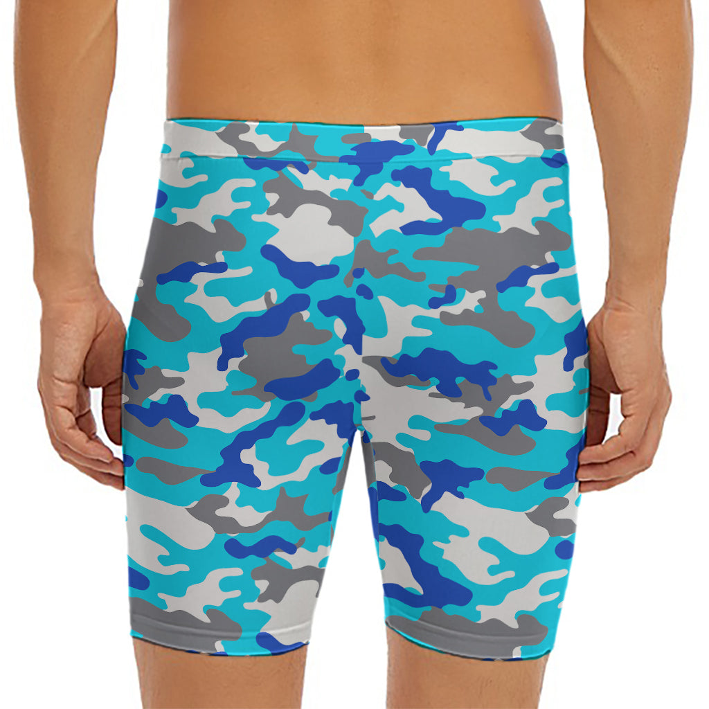 Blue Snow Camouflage Print Men's Long Boxer Briefs