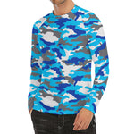 Blue Snow Camouflage Print Men's Long Sleeve Rash Guard