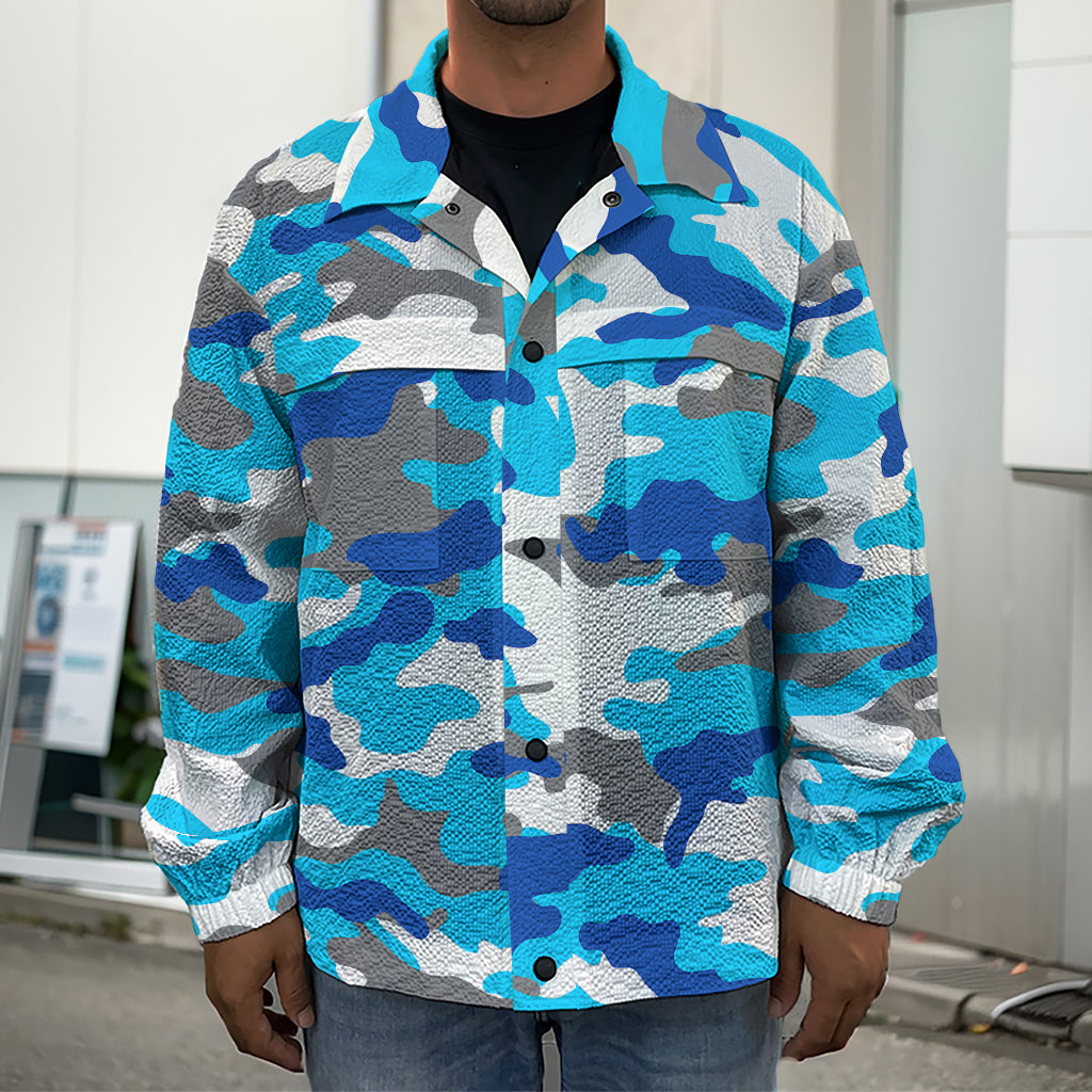 Blue Snow Camouflage Print Men's Shirt Jacket