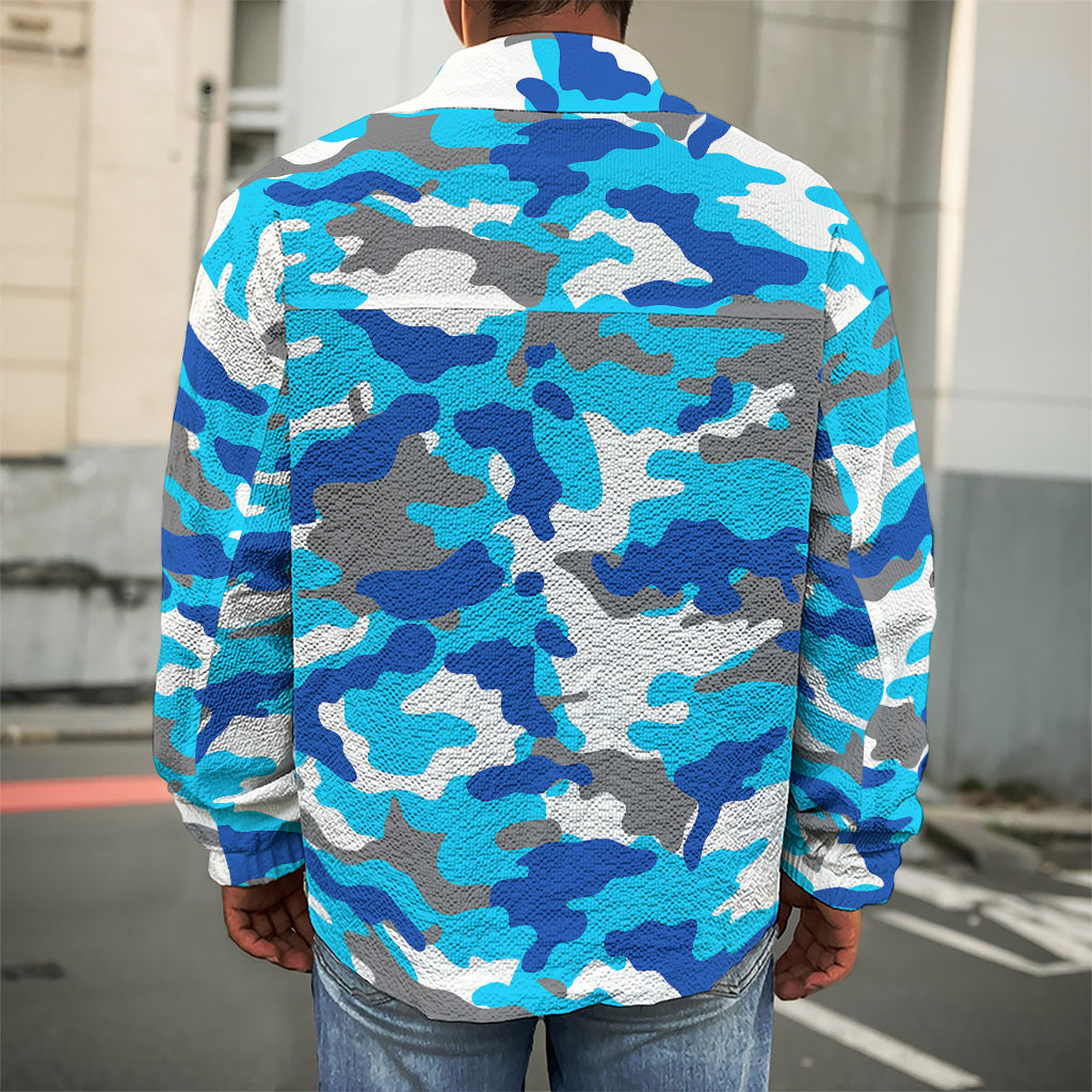 Blue Snow Camouflage Print Men's Shirt Jacket